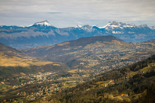 View of the whole Chartreuse mountains range from the Belledonne moutains, Isere, France