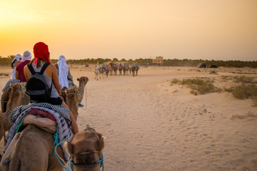 Tourists and Bedouins on camels meet sunset in Sahara desert, Douz, Tunisia, Africa