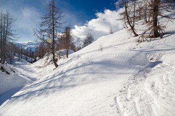 Panoramic view of the sunny snow-covered landscape above the Alpe Devero in Piedmont, Italy.