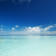 Naklejka na ściany i meble Happy island lifestyle. Сrystal-blue sea of tropical beach. Vacation at Paradise. Ocean beach relax, travel to Maldives islands
