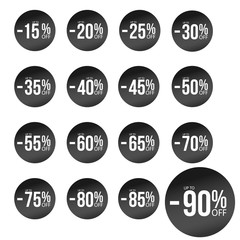 black discount stickers set with sale percents numbers. From ten to eighty five