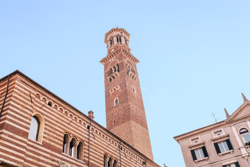 Obraz premium Verona old town square with view of Lamberti tower, tourist destination