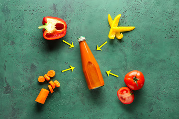 Creative composition with bottle of juice and ingredients on color background