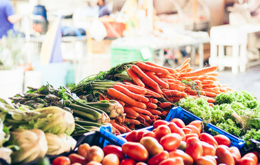 Various colorful fresh vegetables in the fruit market, Catania, Sicily, Italy.