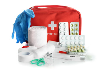 First aid kit on white background