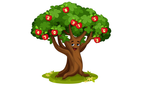 Apple tree of numbers cartoon vector illustration