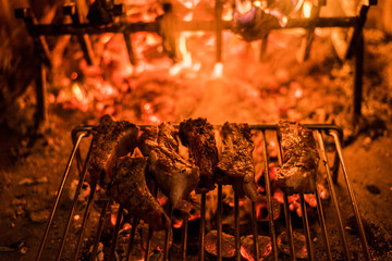 Feuer mit Fleisch auf dem Grill