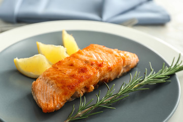 Piece of tasty grilled salmon on plate, closeup
