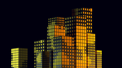 3d render abstract low poly geometric city buildings on black