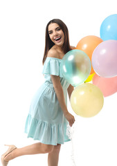 Beautiful young woman with balloons on white background