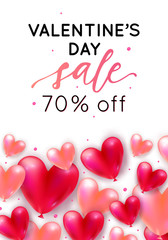 Vector holiday romantic sale illustration with realistic 3D flying bunch of air balloon hearts, confetti. Trendy Valentine's Day flyer, banner, poster, brochure or voucher discount