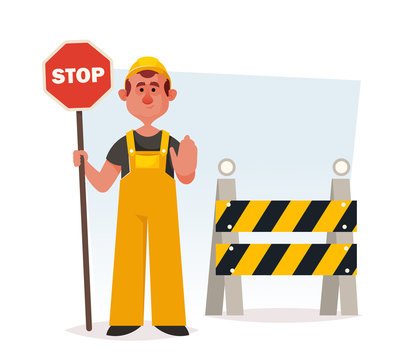Funny Builder Holding Stop Sign. Cartoon Style. Vector Illustration