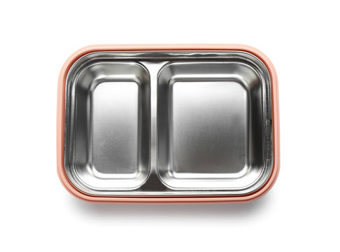 Empty school lunch box on white background