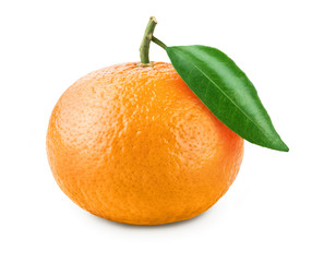 Ripe tangerine with leaves citrus on white background