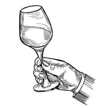 Hand with a glass of wine. Engraving style. Hand drawn illustration converted into vector.