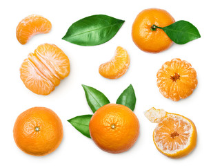 set of fresh mandarin with leaf isolated on white