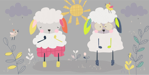 Children vector illustration. Funny cute two white sheep wearing in cozy casual and glasses in the spring time. Set of graphic elements for kids. Cartoon hand drawn lamb. Greeting card, wrap, fabric.