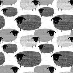 Cute vector illustration seamless pattern of graphic drawing funny sheep on grey background. Fluffy wool pet background for fabric, textile, paper, wallpaper, wrapping or greeting card. Doodle element