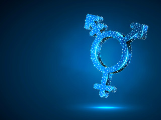 Transgender pride, people symbol. Wireframe digital 3d illustration. Low poly, men and women transsexuality concept on blue background. Abstract Raster polygonal neon LGBT sign. RGB color mode