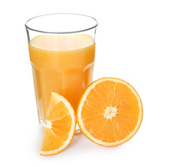 Glass of fresh orange juice on white background