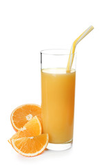 Obraz na płótnie Canvas Glass of fresh orange juice on white background