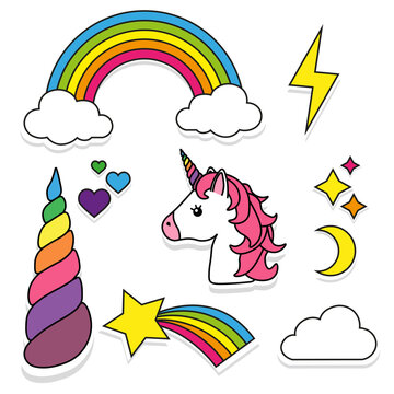 Stickers set with unicorn, rainbow, star, cloud, magic wand for girls. Cool decoration elements isolated on white. Vector comic cartoon 80s 90s style. Cute fashion patch badges, pins, textile