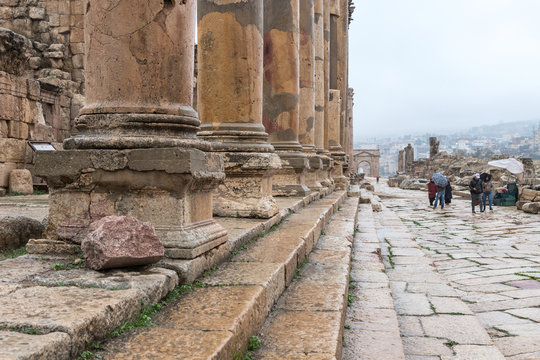 Cardo Maximus street leading from Oval Plaza in the great Roman city of Jerash - Gerasa, destroyed by an earthquake in 749 AD, located in Jerash city in Jordan