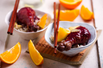 thai  chicken with chili  orange sauce and rice