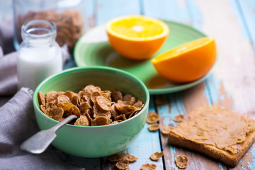 Breakfast cereal  with milk. style vintage.