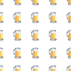 Seamless pattern of mug of light beer. Hand drawn watercolor illustration on white background