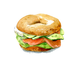 Bagel with cucumber, salmon, cream cheese. Watercolor illustration isolated on white background - 244958123