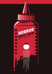 Fototapeta premium Horror movie show creative poster idea with ketchup bottle and film strip. Fake blood concept. Cinema vector art.