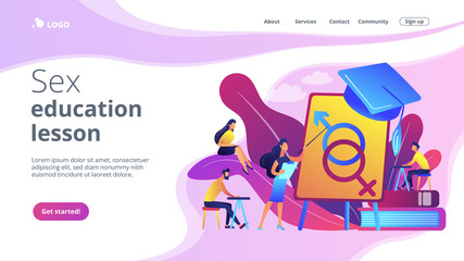 Female teacher at board giving a lesson on sexual education to students. Sex education, sexual health teaching, sex education lesson concept. Website vibrant violet landing web page template.