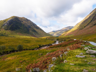 Fototapeta na wymiar Wide view on Glen Etive and the River Etive in the Highlands of Scotland