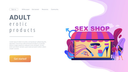 Couple shopping in adult shop with sexual entrtainment toys and accessories. Sex shop, online sex store, adult erotic products concept. Website vibrant violet landing web page template.