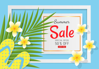 Summer sale concept for discount promotion. Sandals, coconut leaves and Plumeria flower on blue background