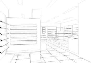 shop, store, shopping mall, contour visualization, 3D illustration, sketch, outline