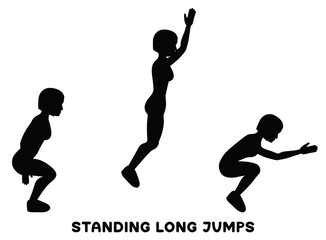 Standing long jumps. Sport exersice. Silhouettes of woman doing exercise. Workout, training.