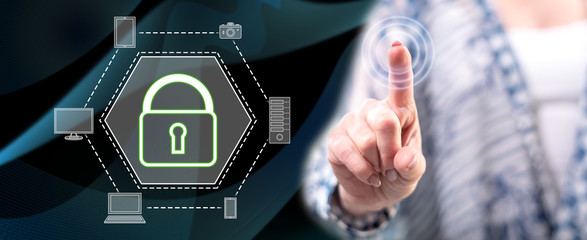 Woman touching a devices security concept