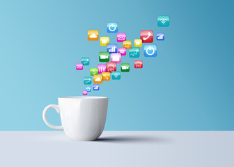 white coffee mug with mobile phone icons, technology