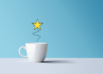 bright shiny star and white coffee mug, creative idea