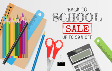 Back to school SALE upto 50 % off text on gray background with school supplies for discount promotion. Vector illustration