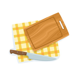 Cartoon cutting board, knife on yellow napkin isolated on white