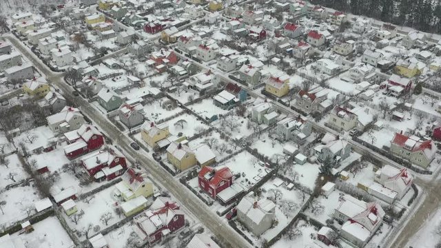 Aerial view of villas in residential/suburban area "Enskede", Stockholm on a wintry day.