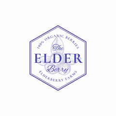 Elderberry Farm Badge or Logo Template. Hand Drawn Berries with Leaves Sketch with Retro Typography and Borders. Vintage Premium Emblem.