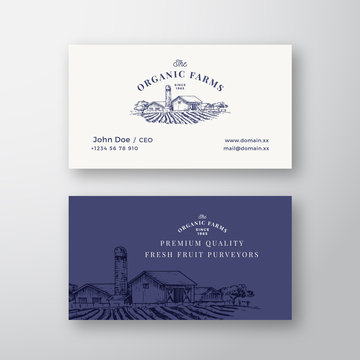 Farm Landscape Abstract Vintage Vector Logo and Business Card Template. Village Buildings and Fields with retro Typography. Premium Stationary Realistic Mock Up.
