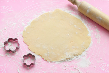 Fototapeta na wymiar Dough, cookie cutters, flowers on a pink silicone board sprinkled with flour