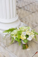 Delicate wedding bridal bouquet with cotton. floral arrangement of flowers to celebrate the holiday decor