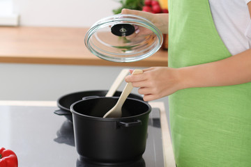 Young woman cooking with pan in kitchen, hands close-up. Householding, tasty food concepts