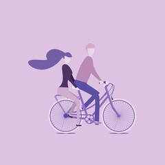 Cartoon character cute Couple riding bicycle violet